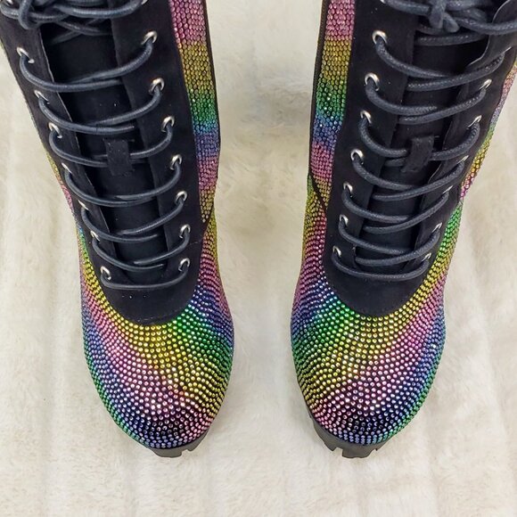 Rainbow Sparkle Rhinestone Chunky High Heel Ankle Boots - Picture 14 of 17